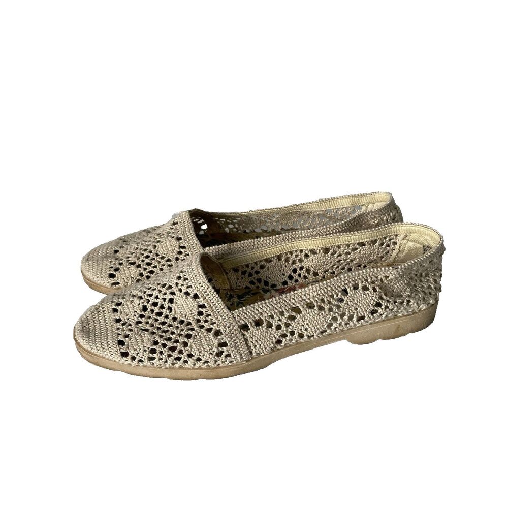 Pier Ten Vintage Cottagecore Knit Crochet Flats Slip-On Shoes Beige Women's 8.5 - Picture 1 of 9